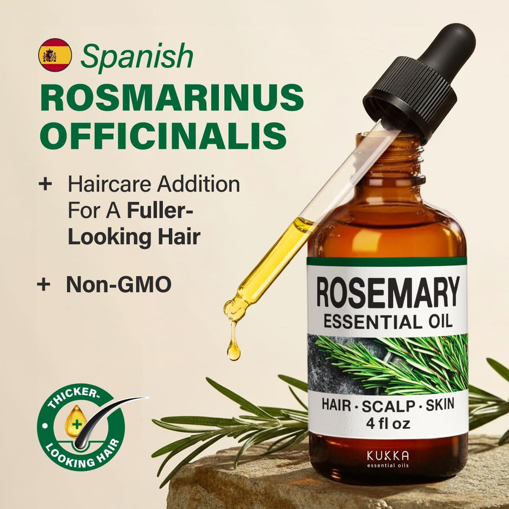 KUKKA Rosemary Essential Oil - 4 Fl Oz - Versatile Use for Hair, Skin, Diffusers, Aromatherapy, and Soap Making