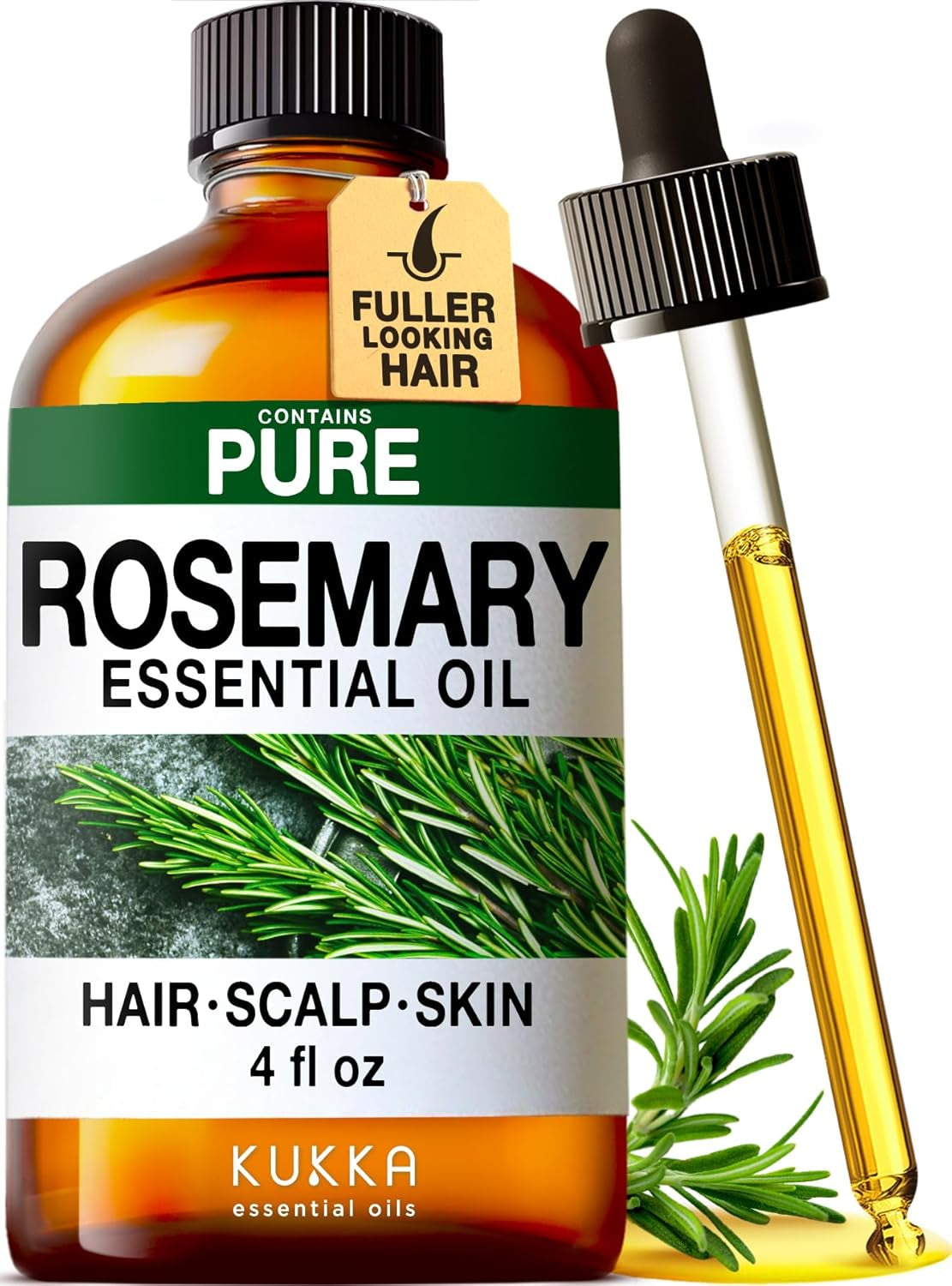 KUKKA Rosemary Essential Oil - 4 Fl Oz - Versatile Use for Hair, Skin, Diffusers, Aromatherapy, and Soap Making