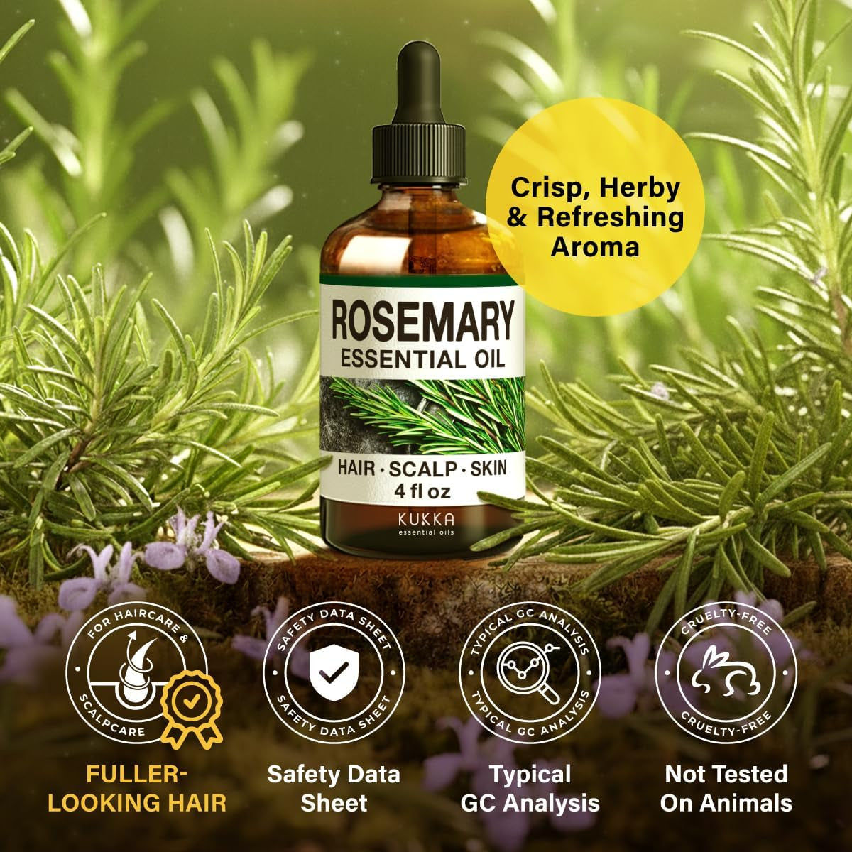 KUKKA Rosemary Essential Oil - 4 Fl Oz - Versatile Use for Hair, Skin, Diffusers, Aromatherapy, and Soap Making
