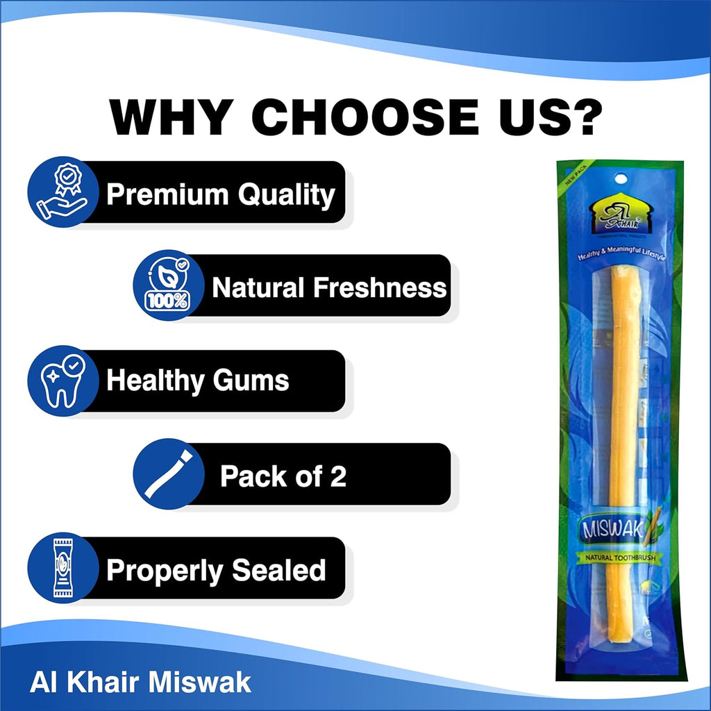 Al Khair Peelu Miswak Sticks - Natural Toothbrush for Teeth Whitening and Oral Health, Organic Vacuum-Sealed Miswak for Healthy Gums and Fresher Breath (Pack of 2)